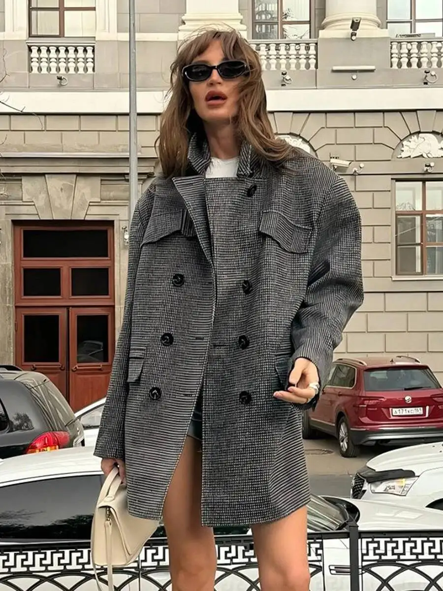 

New Women's Long Coat Breasted Blazer Collar Houndstooth Pattern Oversized Fit Flap Pockets Autumn Winter Jackets