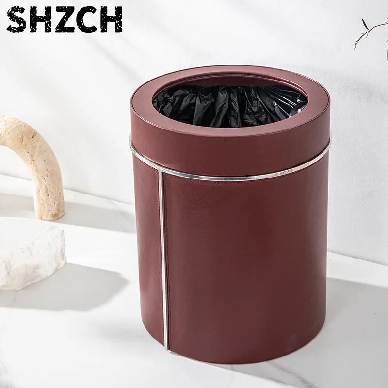 Luxury Stainless Steel Trash Can with Leather Large Capacity Waste Bin for Home Garbage Container Elegant Office Wastebasket