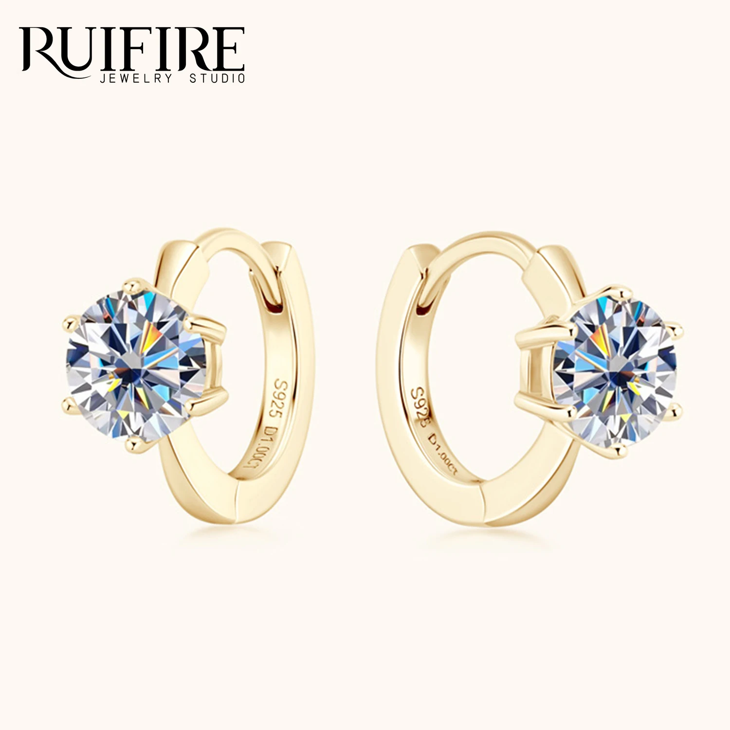 

RUIFIRE 14K Gold Plated S925 Sterling Silver Huggie Hoops Earrings Round Cut Moissanite 6 Prong Design Elegant Daily Wear