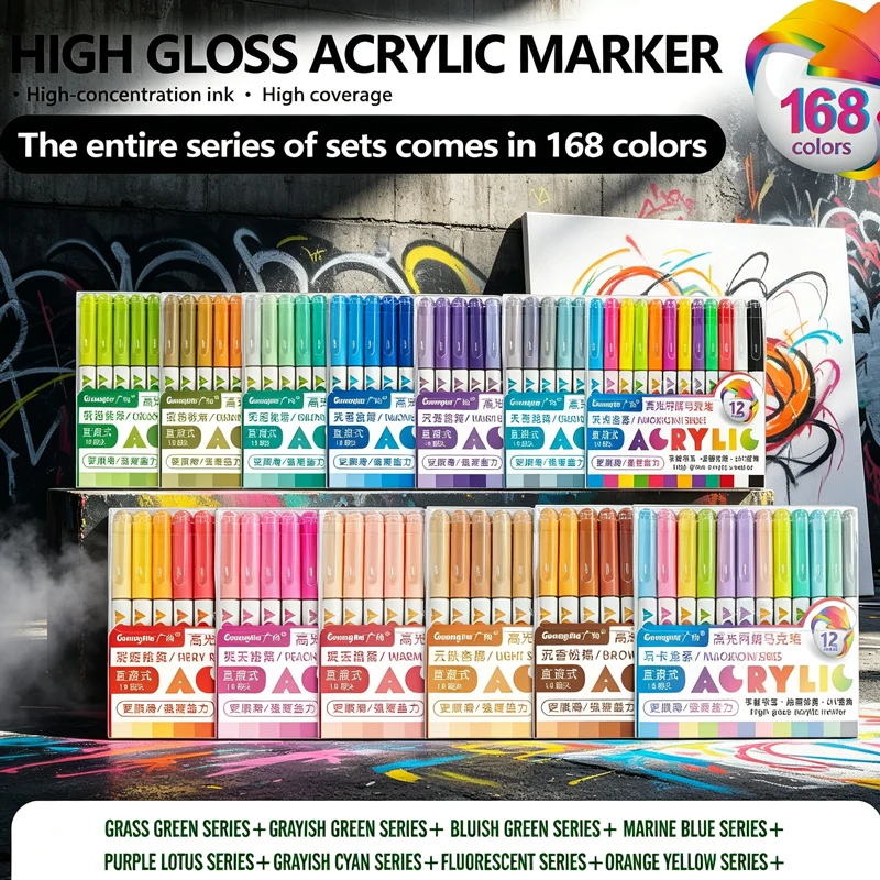GuangNa 168/12 Colors High Gloss Acrylic Marker Set - Premium Direct Liquid Paint Pens for Art, Painting, Hand Lettering & DIY