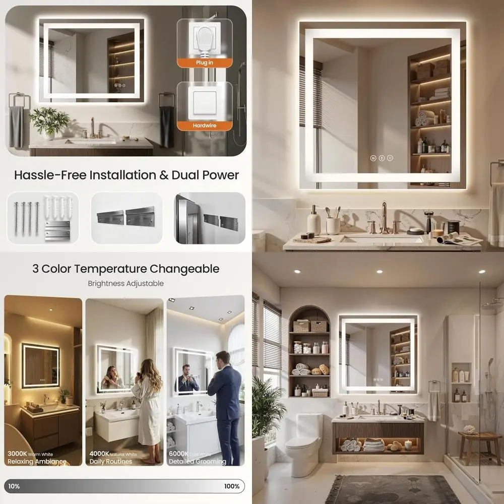 

Зеркало для ванной с 36 светодиодами, регулируемой яркостью, защитой от запотевания, передней и задней подсветкой, 3 цветовыми температурами, функцией памяти, из закаленного стекла