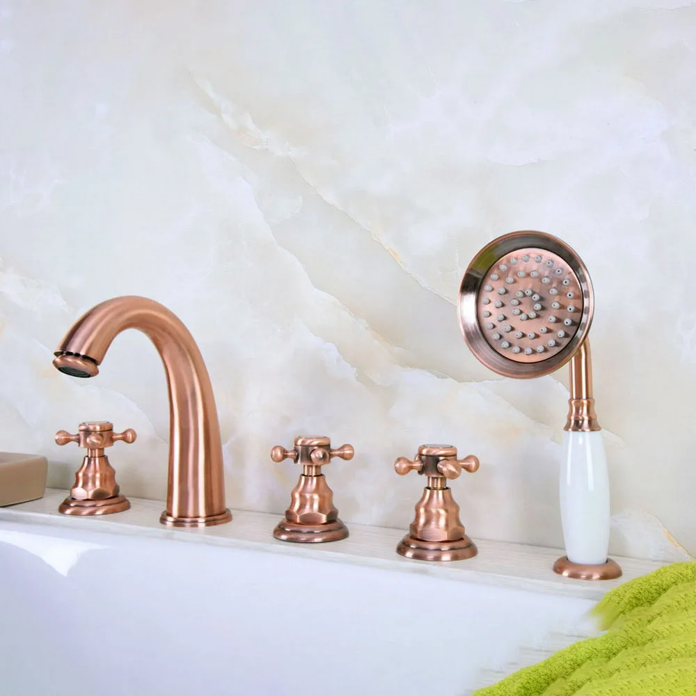 Antique Red Copper 5 hole Roman Bathtub Mixer Faucet Set w/ Handheld Shower Deck Mounted Ltf238