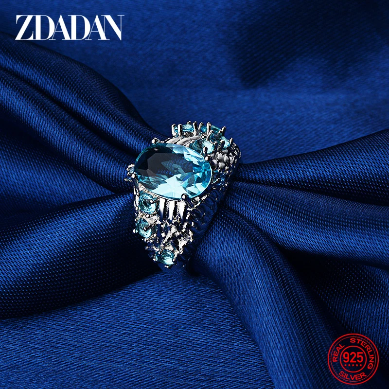 

ZDADAN 925 Silver Aquamarine Ring For Women Fashion Wedding Jewelry