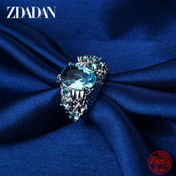 ZDADAN 925 Silver Aquamarine Ring For Women Fashion Wedding Jewelry