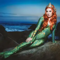 Movie The Queen Mera Cosplay Costume Anime Sea Mera Staff Tights Jumpsuit Amber Halloween Cosplay For Women Sexy Green Suit