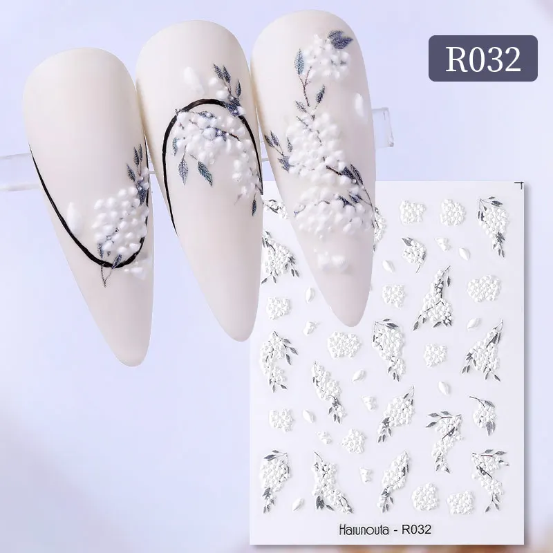 Harunouta 5D Embossed Nail Stickers White Lily of the Valley Tulip Leaves Lines Gel Polish Decals Wedding Flower Engraved Slider