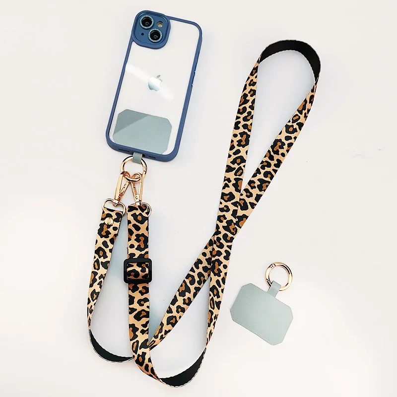 Crossbody Leopard Print Back Hanging Neck Chain Adjustable Shoulder Wide Pendant Anti-lost Sling with Clip Mobile Phone Lanyard