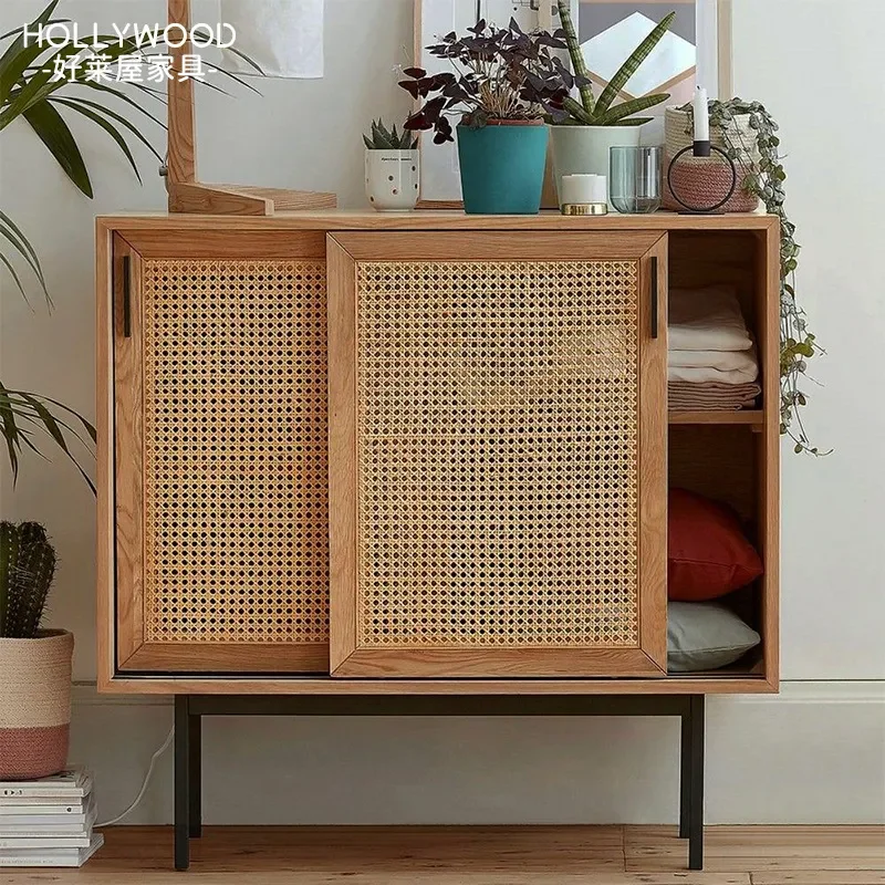 Nordic Solid Wood Rattan Dining Side Cabinet Living Room Small Apartment Wall Mounted Shoe Cabinet Household Storage Locker