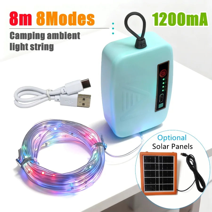 

8 м дополнительный солнечный портативный светильник для кемпинга, теплый RGB Type-C, внутренний атмосферный светильник, уличная световая полоса для палатки, декоративная