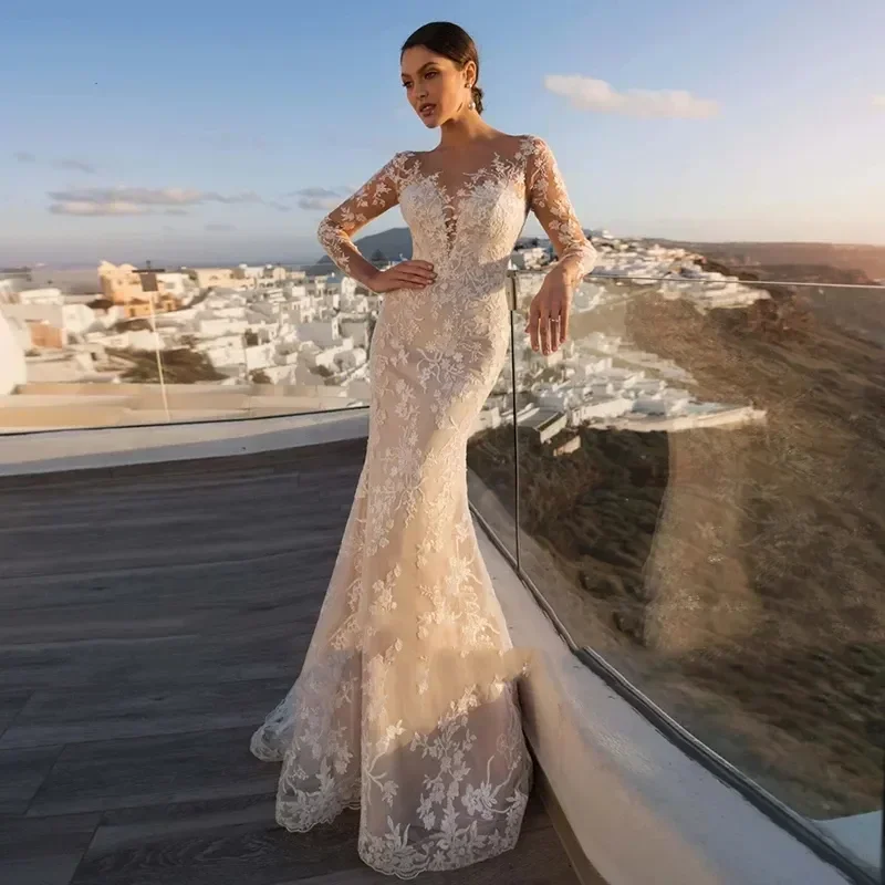 

Elegant Lace Mermaid Wedding Dresses Long Sleeves Bridal Gown Illusion Tulle Button Appliques Train Vestidos De Noiva