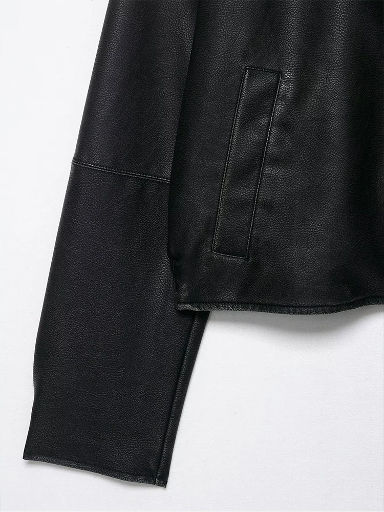 سترة نسائية جديدة على الطراز الأوروبي عصرية ومتعددة الاستخدامات أنيقة غير رسمية بياقة قلابة وأكمام طويلة وجيب من الجلد الصناعي. #4