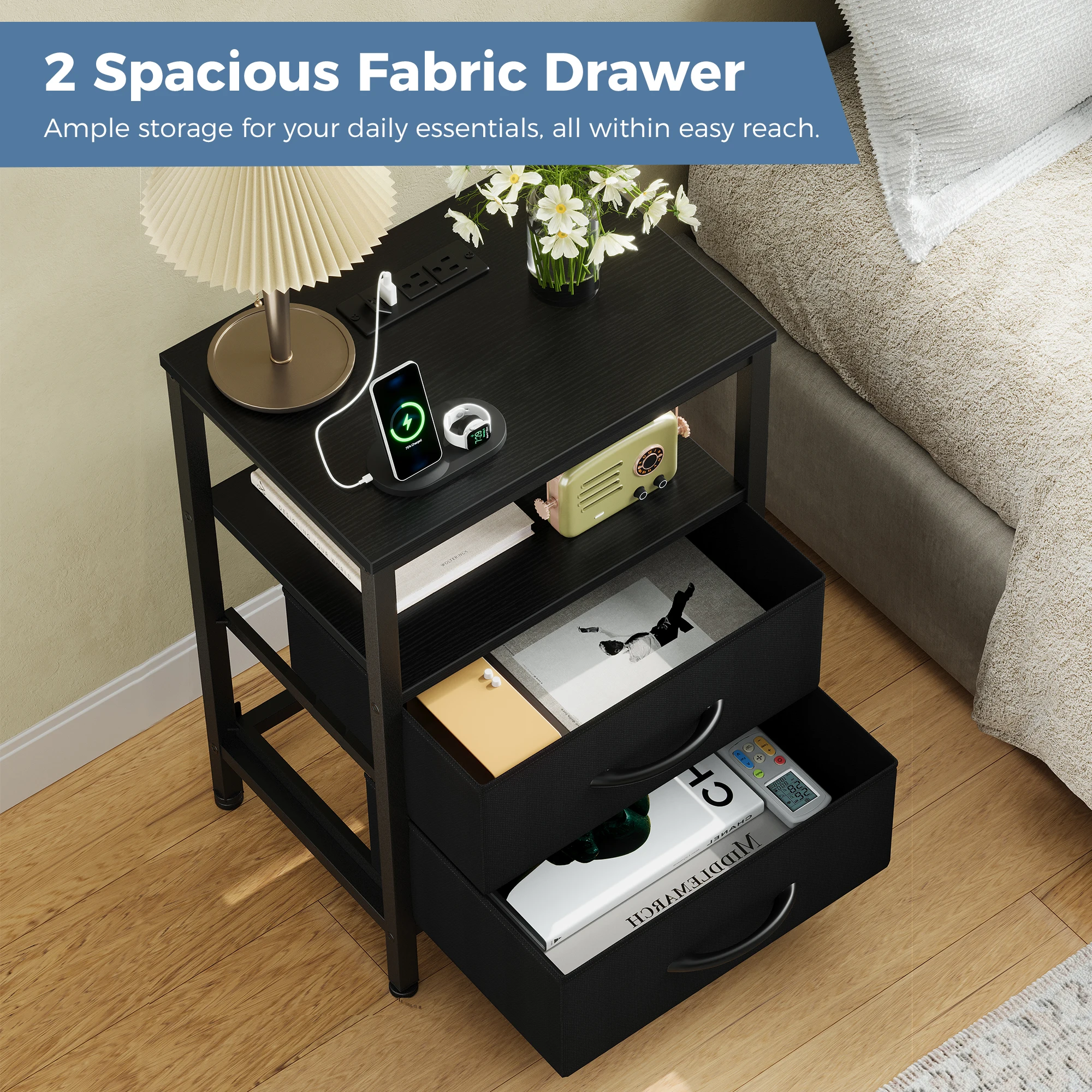 MCQ 2 Fabric Drawers Nightstand withCharging Station Cabinets Bedside End Table Storage With Open Shelf for Home Furniture