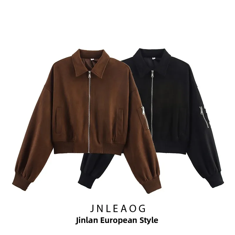 

JNLEAOG Autumn New Women's Faion Two-tone Suede Feel Flight Jaet Coat Polyester Warmth Long Sve ort Sle Button
