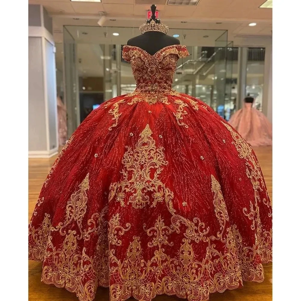 ANGELSBRIDEP Glittering Red Off-Shoulder Quinceanera Dress Gold Beading Lace Princess Cinderella Birthday Vestidos De 15 Anos