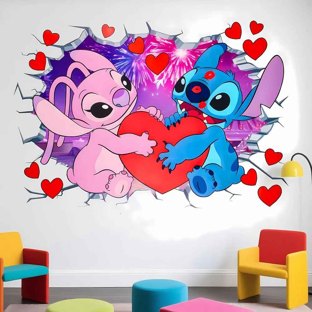 1 ملصق حائط/ملصق حائط لعيد الميلاد بطابع ديزني يتميز بالغرز والملاك كزوجين، مع قلوب حمراء نابضة بالحياة وتصميم الألعاب النارية الملونة، مناسب لتزيين الأماكن الداخلية والنافذة والشرفة والمرآة