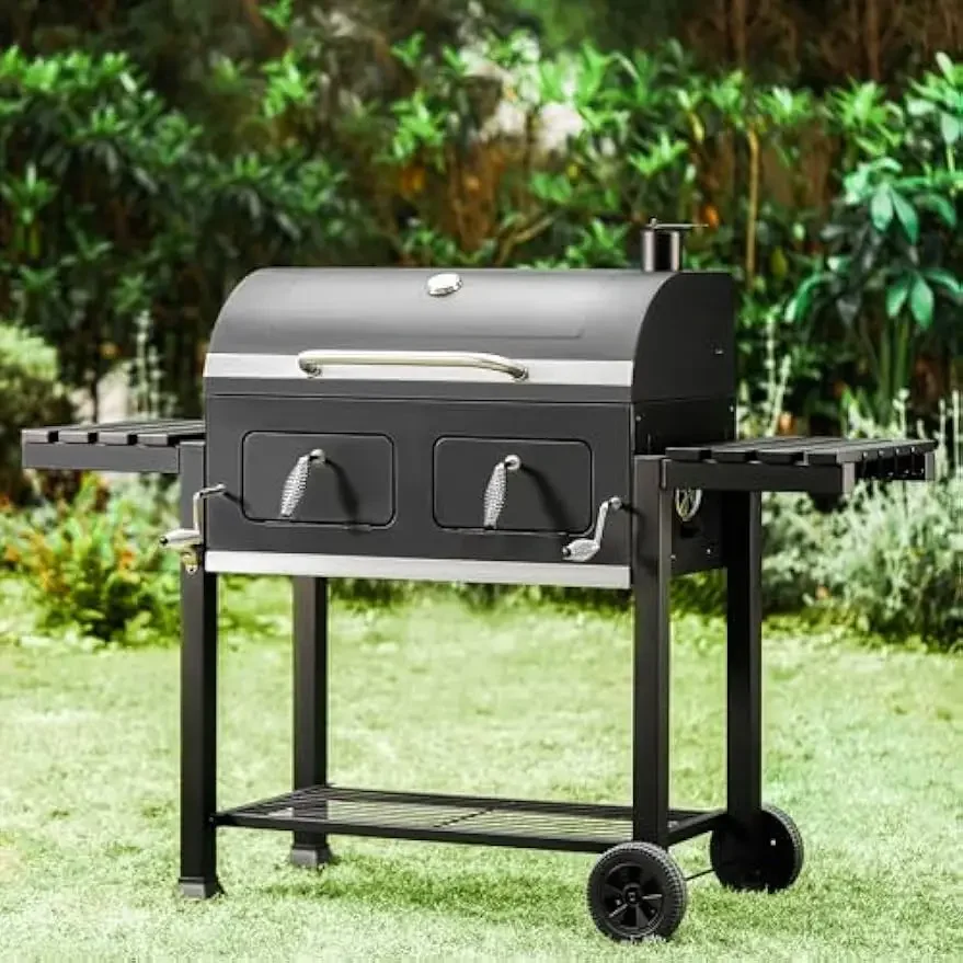 Barrel Charcoal Grill with Side Tables, 794 Square Inches Cooking Space, Large Charcoal BBQ Grill with 2 Height-Adjustable