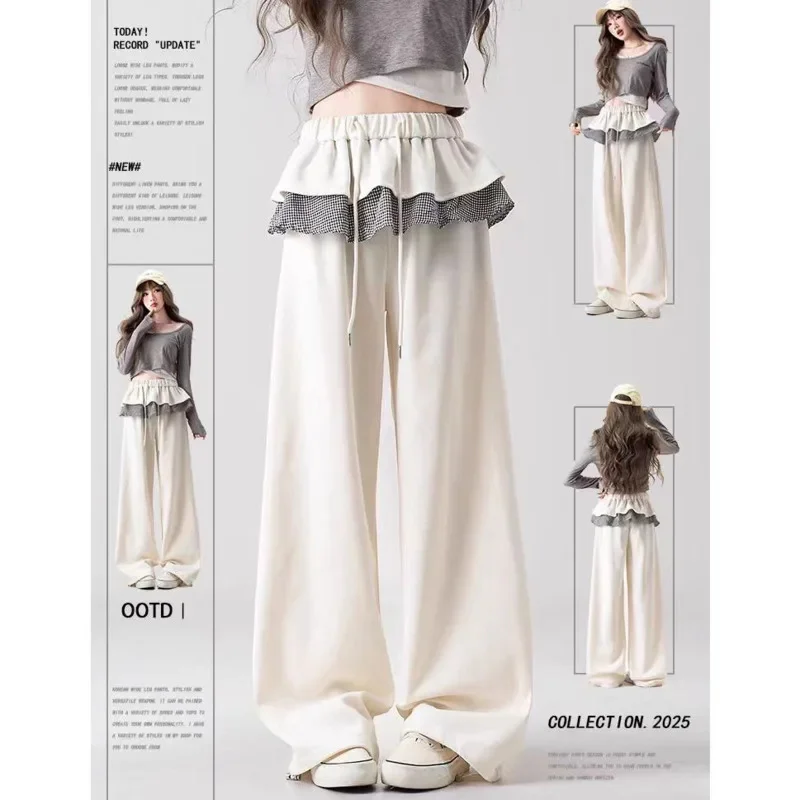 Plaid Patchwork Wide Leg Pants Women Spring Autumn Lace Korea Y2K Pull Strap Cotton Lace High Waisted Breathable Sweatpants New