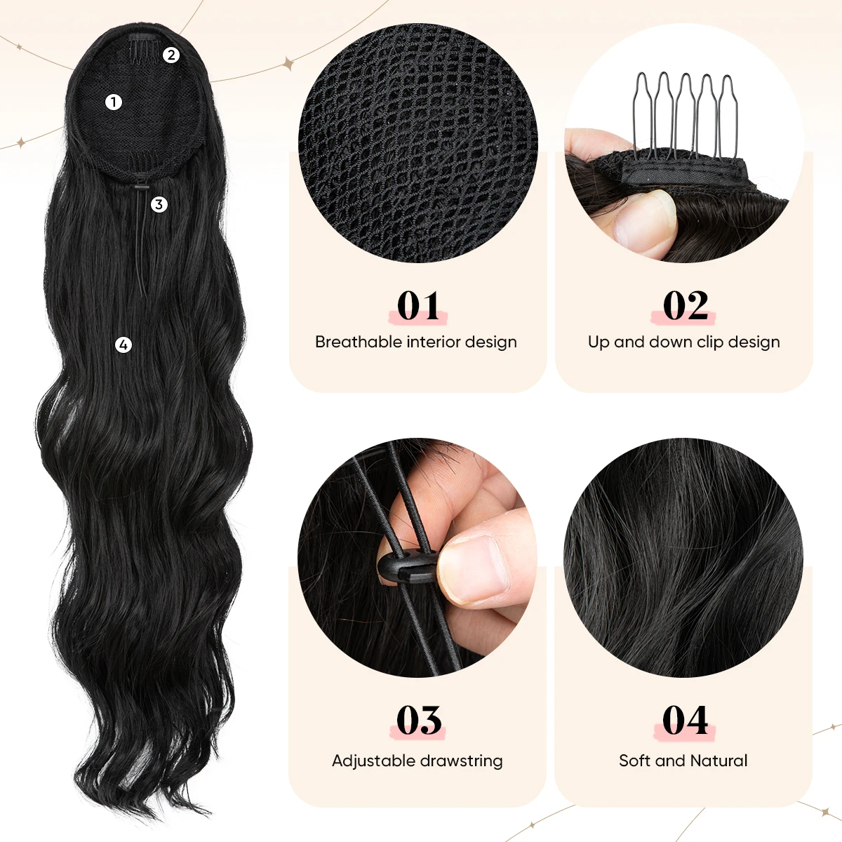 Sarla Synthetic 26 Inch Long Ponytail Extension Drawstring Hair Extensions Curly Wavy Natural Hairpiece for Women P062