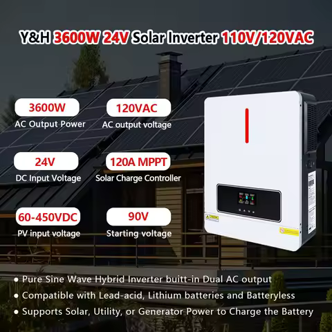 Y&amp;H 3.6KW Hybrid Inverter 24VDC Off/No Grid solar inverters 110VAC MPPT 120A Solar Charge Controller Pure Sine Wave Inverter