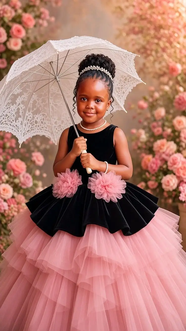 Luxury Black & Pink Kids Birthday Gowns Sleeveless 3D Flowers Girls Dress Tiered Tulle Ball Gown Girls Pageant Formal Dress