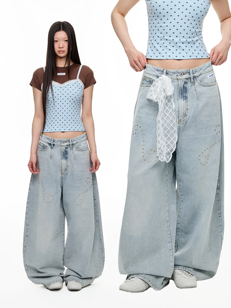 JIKOO カジュアル オールドスクール デニムジーンズ レディース ヘビー刺繍 ダイヤモンド ダッド スレ フェード加工 ワイドレッグ ストレート カジュアル ロングパンツ