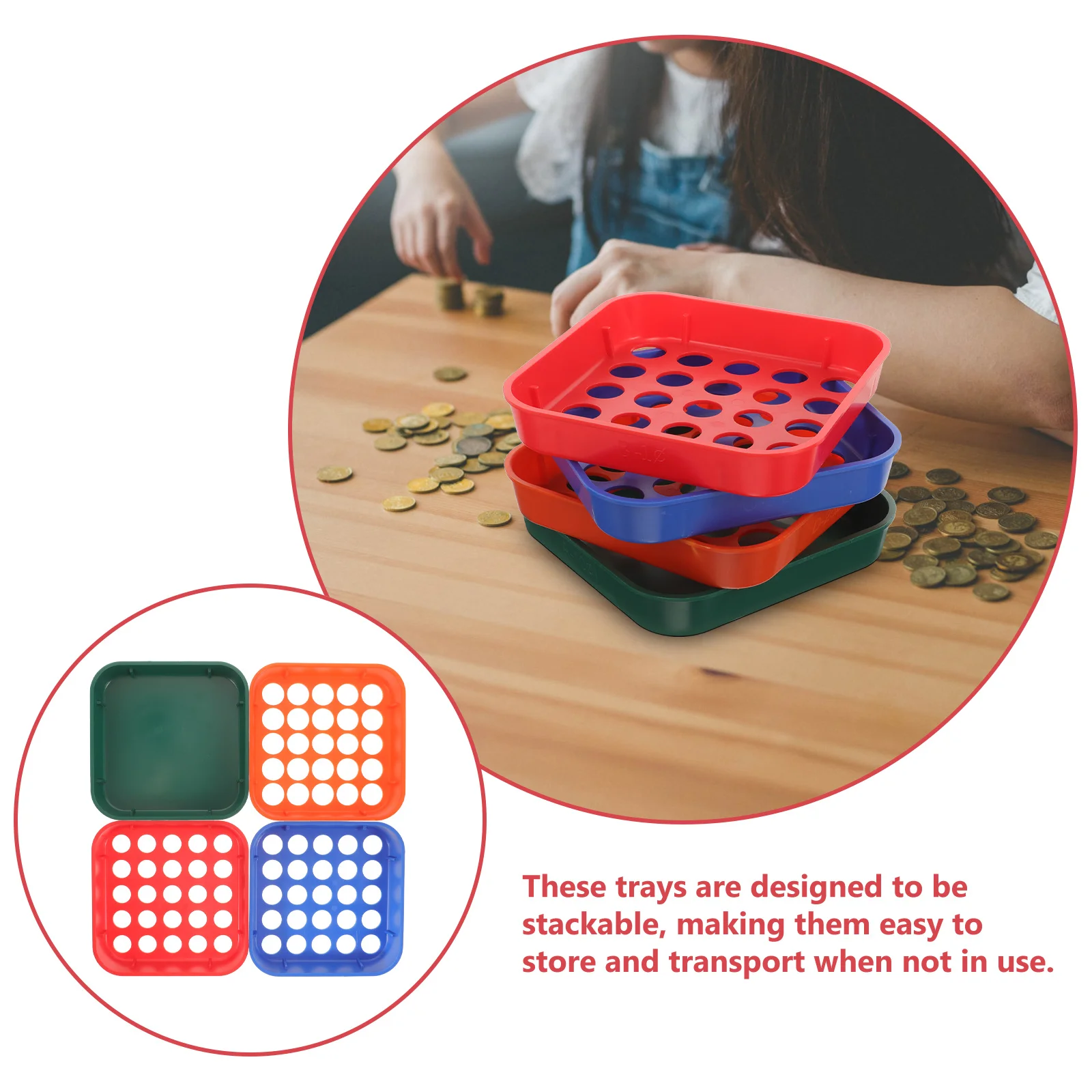 4Pcs Coin Sorting Tray Plastic Stackable Color-Coded Reusable Organizer for Pennies Nickels Dimes Quarters Bank Retail Counting