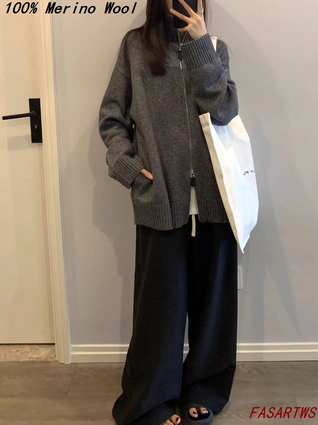 

Plus Size100 Merino Wool Cardigan Double Zipper Sweater Casual Fashion Ladies' Autumn WinterThick Warm Loose Mid-length Knitwear