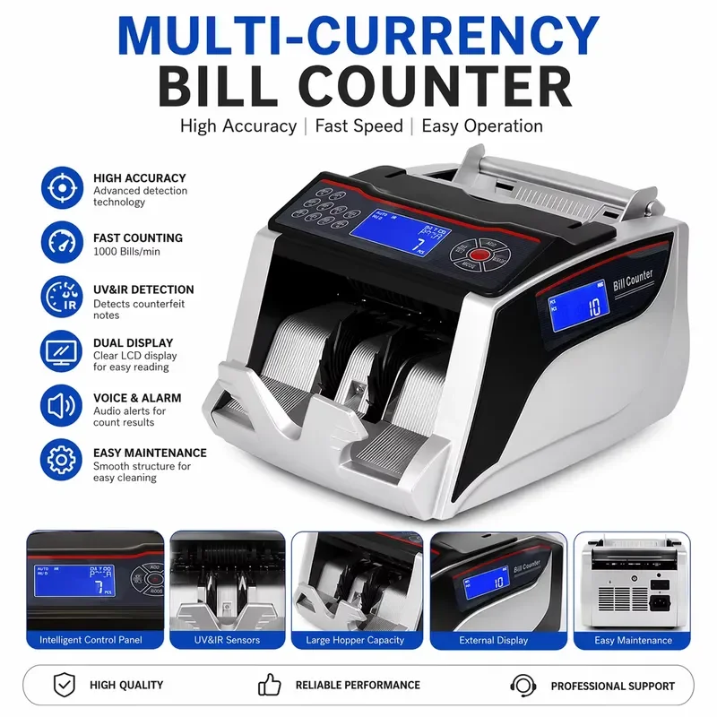 2825 Bill Counter Machine UV MG IR High Speed Money Counting for Commercial Use Reliable Banknote Detection Multi Currency