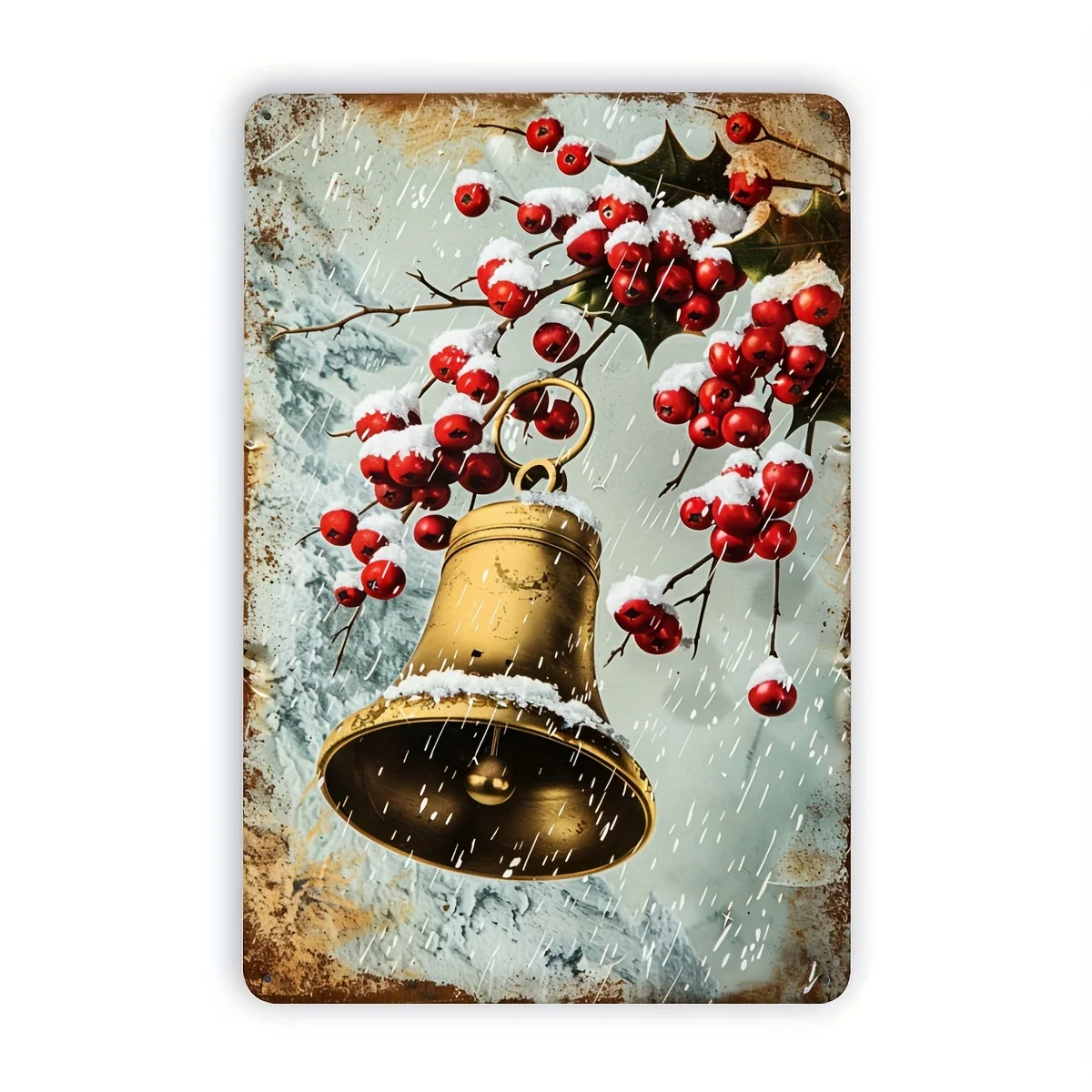 Vintage Christmas Bell Metal Tin Sign - Golden Bell & Red Berries Winter Scene - Durable Tin Holiday Decoration - Easy Hang Pre-