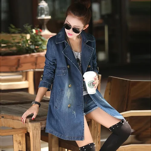 한국 여성 청바지 재킷, 중간 길이 바람막이 캐주얼 더블 브레스트 벨트 데님 트렌치 코트, 용수철 가을 패션  Best5