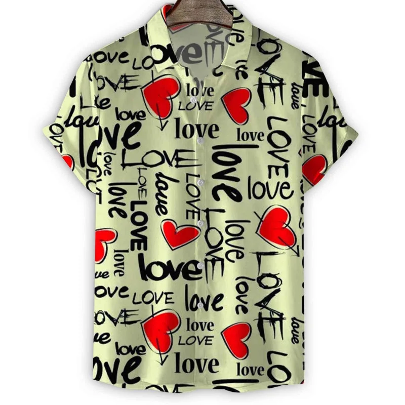 Summer Men's Heart 3D Print Shirt, Short-Sleeve Collared Button-Up Shirt, Casual Loose-Fitting Quick-Drying Hawaiian Shirt
