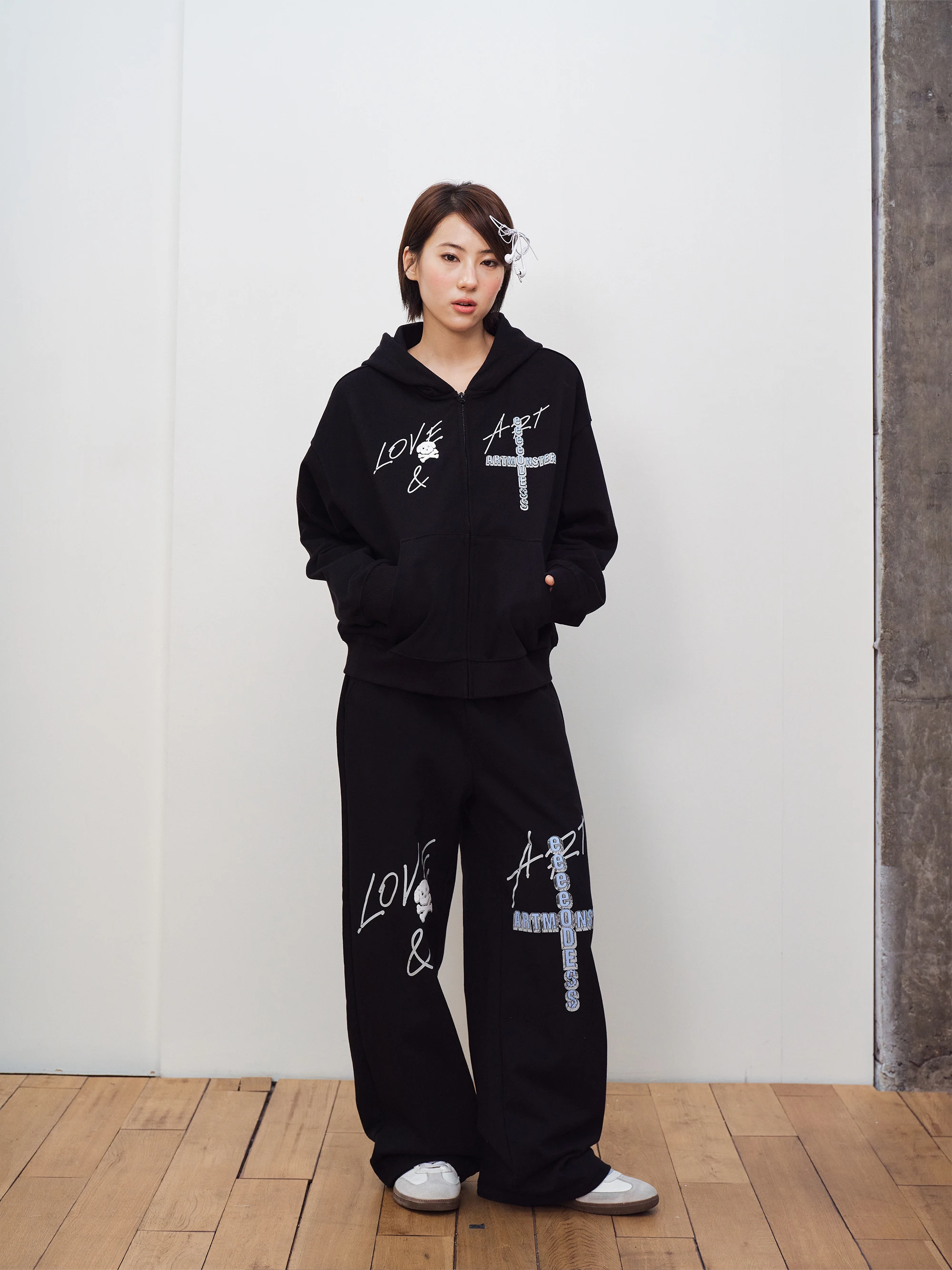 Street Style Cross Skull Dog Letter Hoodie Loose Casual Open Cardigan Jacket Autumn Season Unisex Long Sleeve Zipper Design