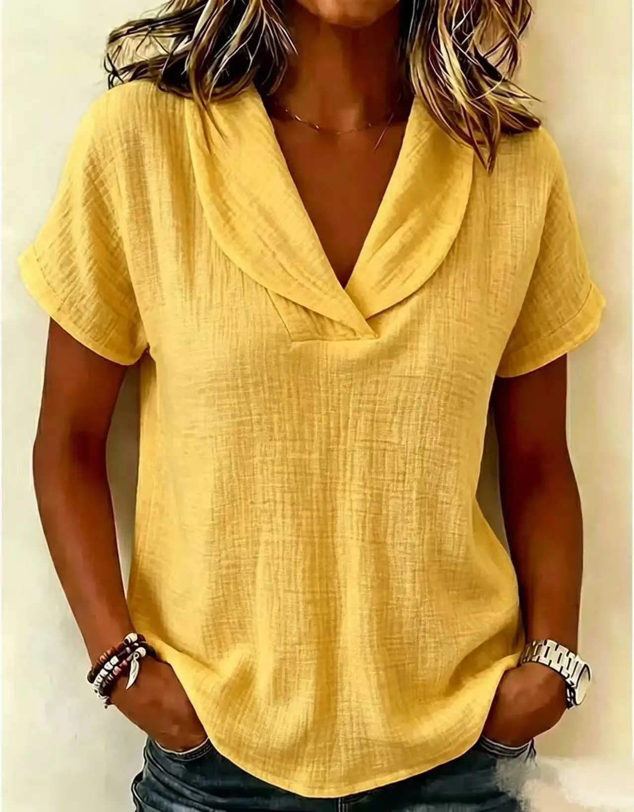 2026 Neues Sommer-Damen-Strickoberteil in Unifarbe mit Kurzarm, Schleifenkragen, Lässiges Damen-T-Shirt für Europäische & Amerikanische Märkte – Detail 9