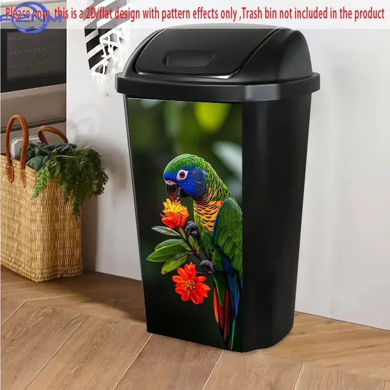 2D 1PCTropical Parrot & Flower Self-Adhesive PVC Dustbin Sticker, .01x81.99 cm, Colorful Bird Design for Plastic Bins, Decorat