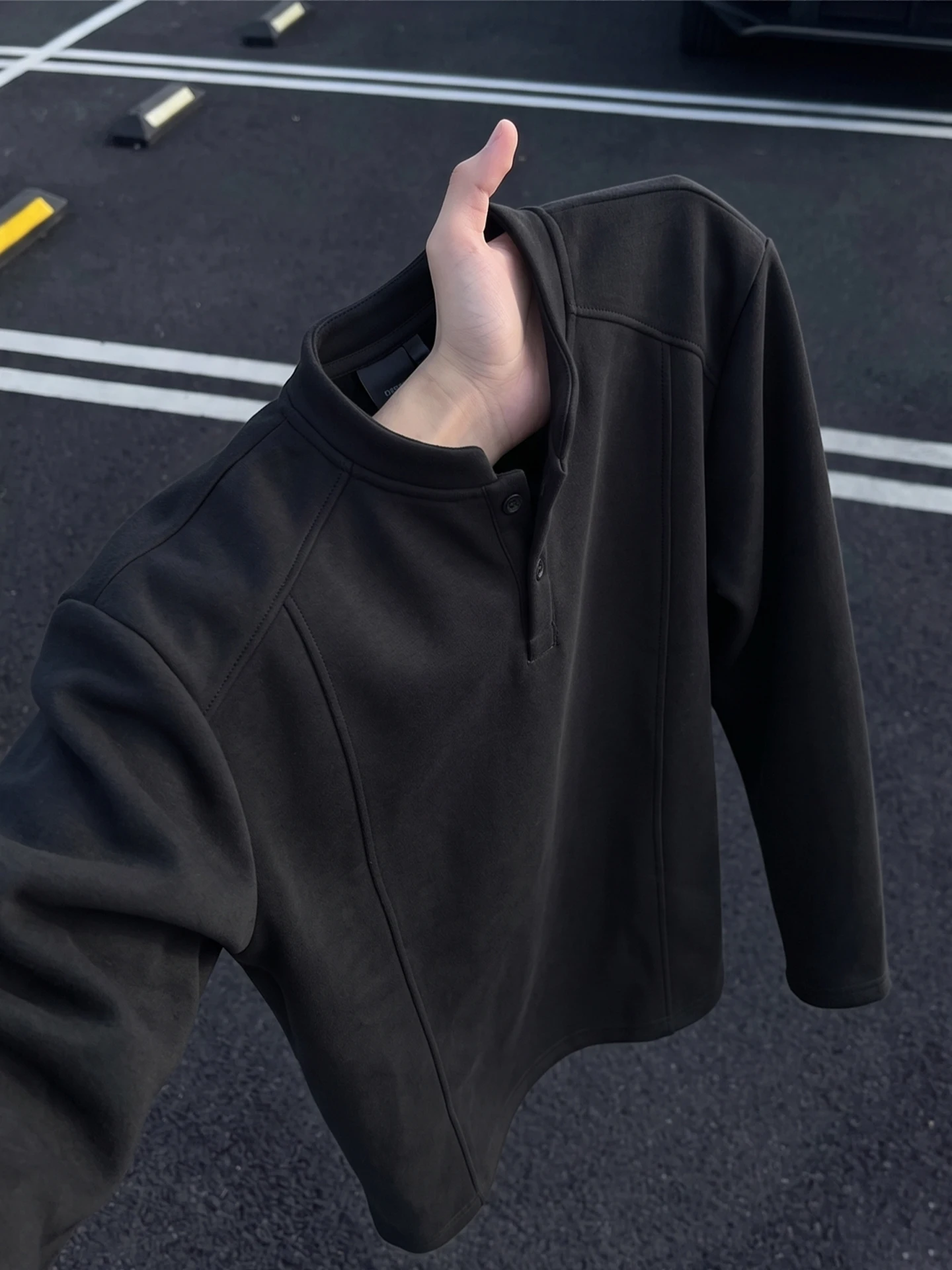 Black Long Sleeve Henry Collar T-Shirt Men's Style Autumn Deconstructed Patchwork Shoulder Sweatshirt American Heavyweight Ba...