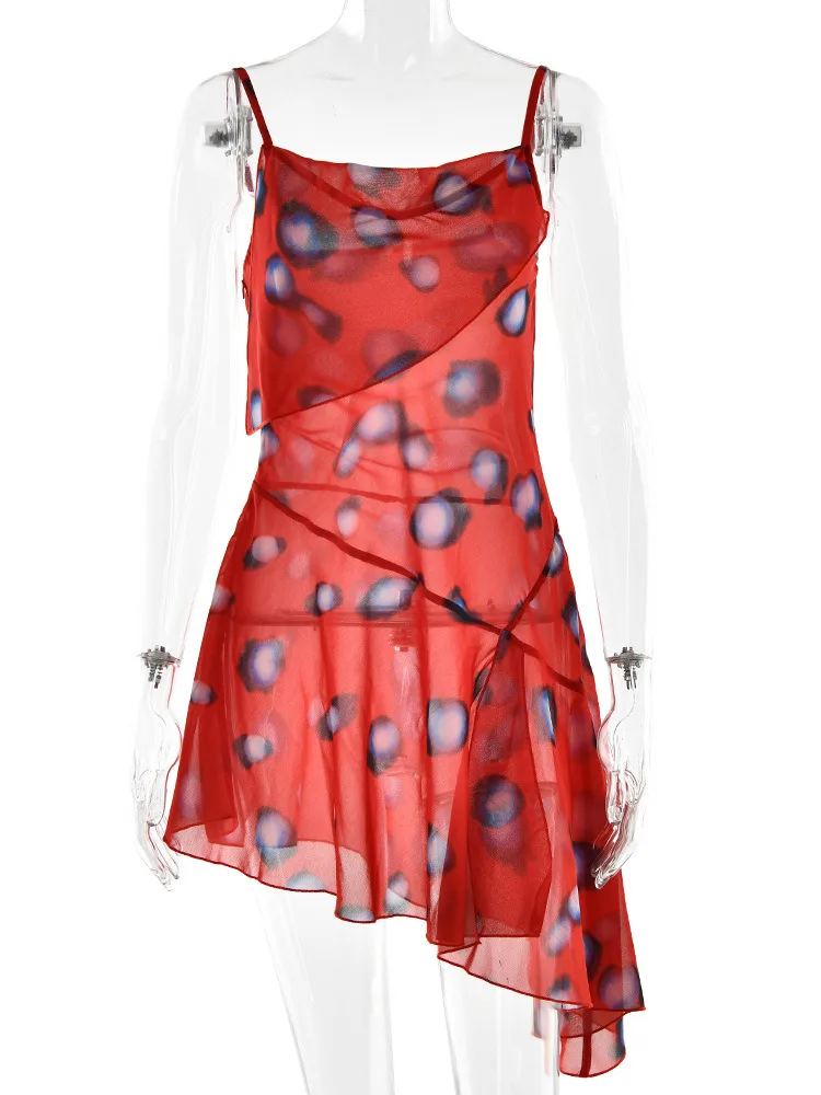 Sibybo Summer Low Chest Sleeveless Print Women Camis Dress Sexy Split Asymmetrical Ruffles Elegant Holiday Partywear Short Dress - view 6