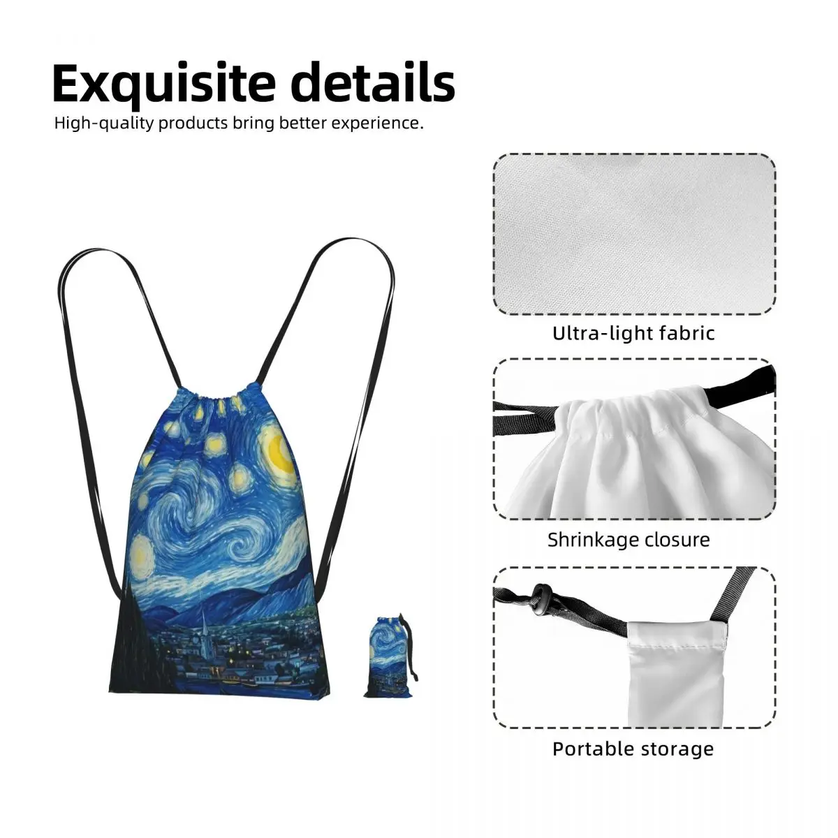 Vincent Van Gogh Starry Night Star Famous Oil Painting Drawstring Backpack Sports Gym Bag Travel Drawstring Bag for Men Women