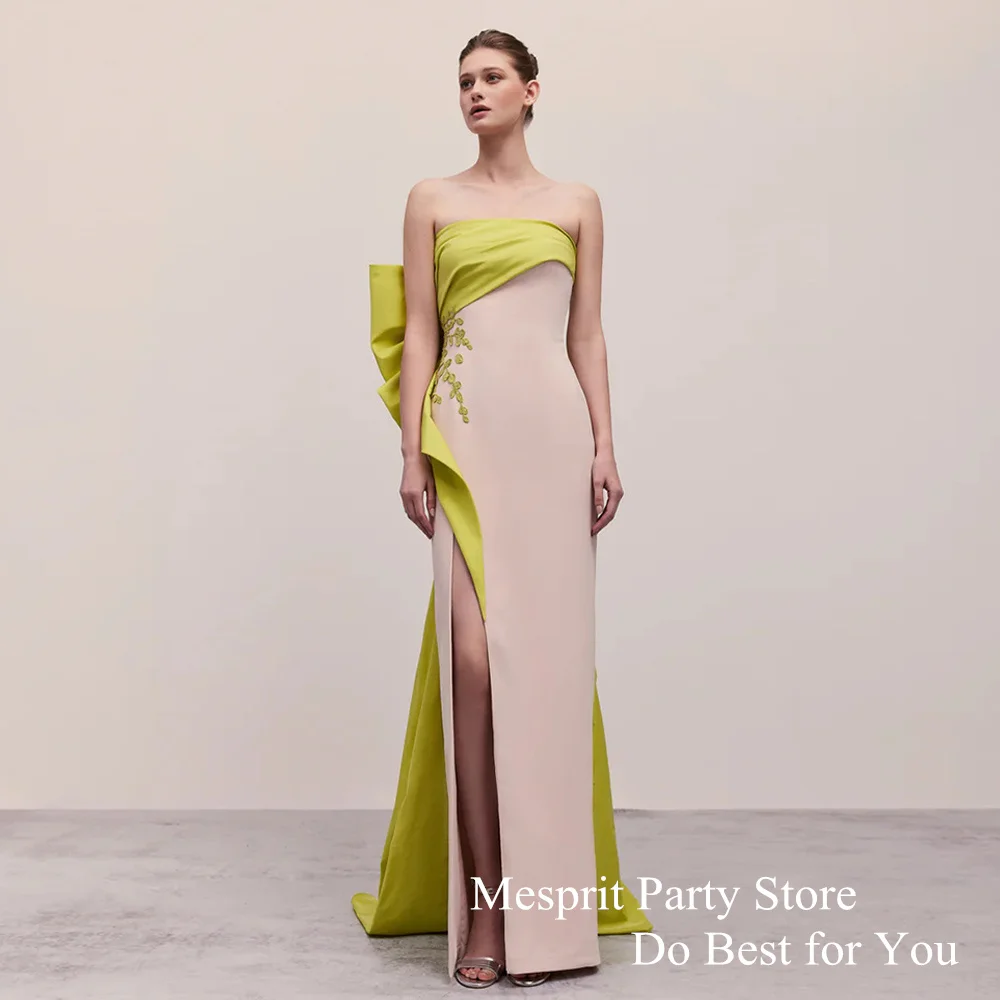 Chic Prom Dress Strapless Sleeveless Applique Contrast Color Straight Saudi Evening Dresses 2024 Slit Formal Gown for Weddings