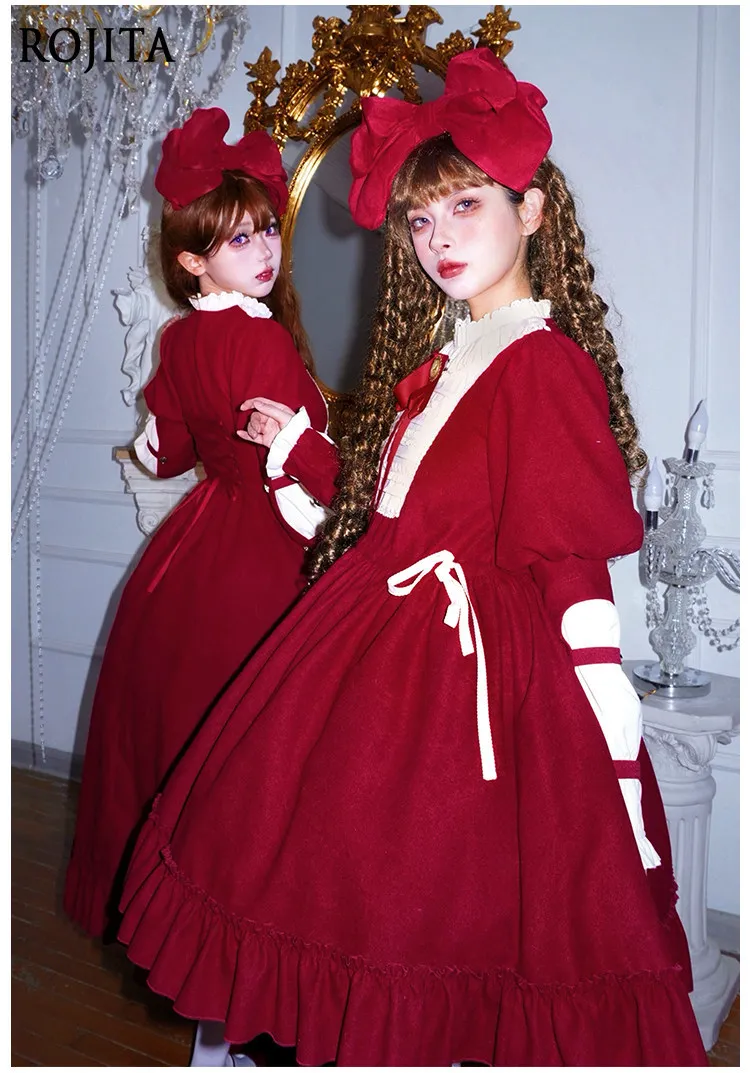 

Vintage Red Elegant Long Dress 2026 Spring New Doll Style with Lace Stand-up Collar Contrasting Ruffles OP Twin Lolita Dress