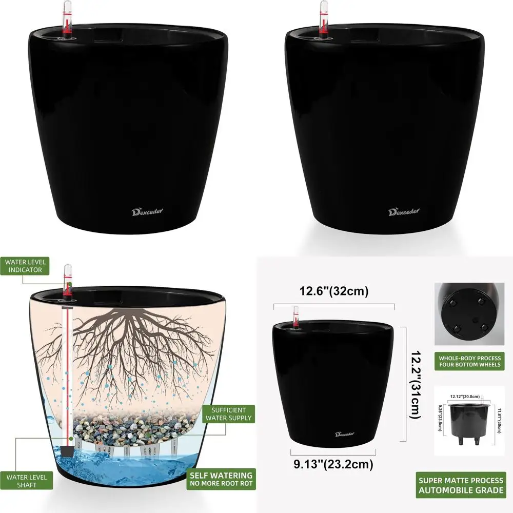 

Large 13x12 Indoor/Outdoor Watering Planter with Wheels, Inner Pot, Thickened Floor Standing, Water Level Indicator - Black Matt