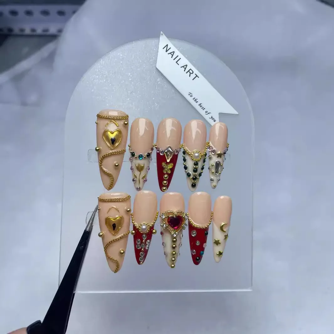 

10 шт., длинные заостренные ногти ручной работы, тяжелый металл, кристаллический дизайн, накладные ногти, носимые накладные ногти в европейском готическом стиле панк