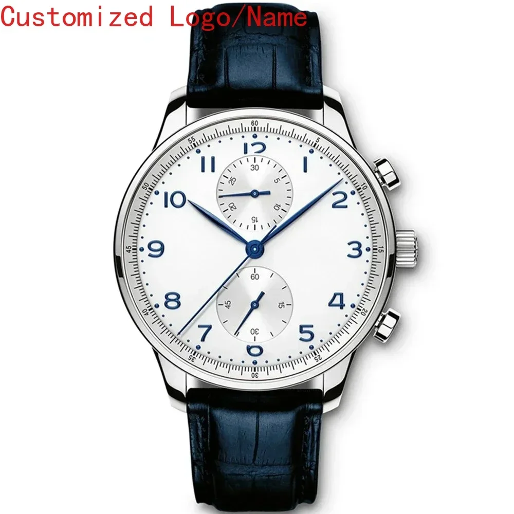 ساعة ميكانيكية أوتوماتيكية فاخرة للرجال ساعات ستانلس ستيل برتغالية لون ذهبي وردي أسود أزرق جلد مينا بيضاء #6