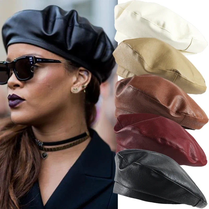 

Fashion Solid Color Beret Women Vintage PU Leather Berets Hats Autumn Winter Lady Elegant Octagonal Cap Caps Panama Hat