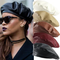 Fashion Solid Color Beret Women Vintage PU Leather Berets Hats Autumn Winter Lady Elegant Octagonal Cap Caps Panama Hat
