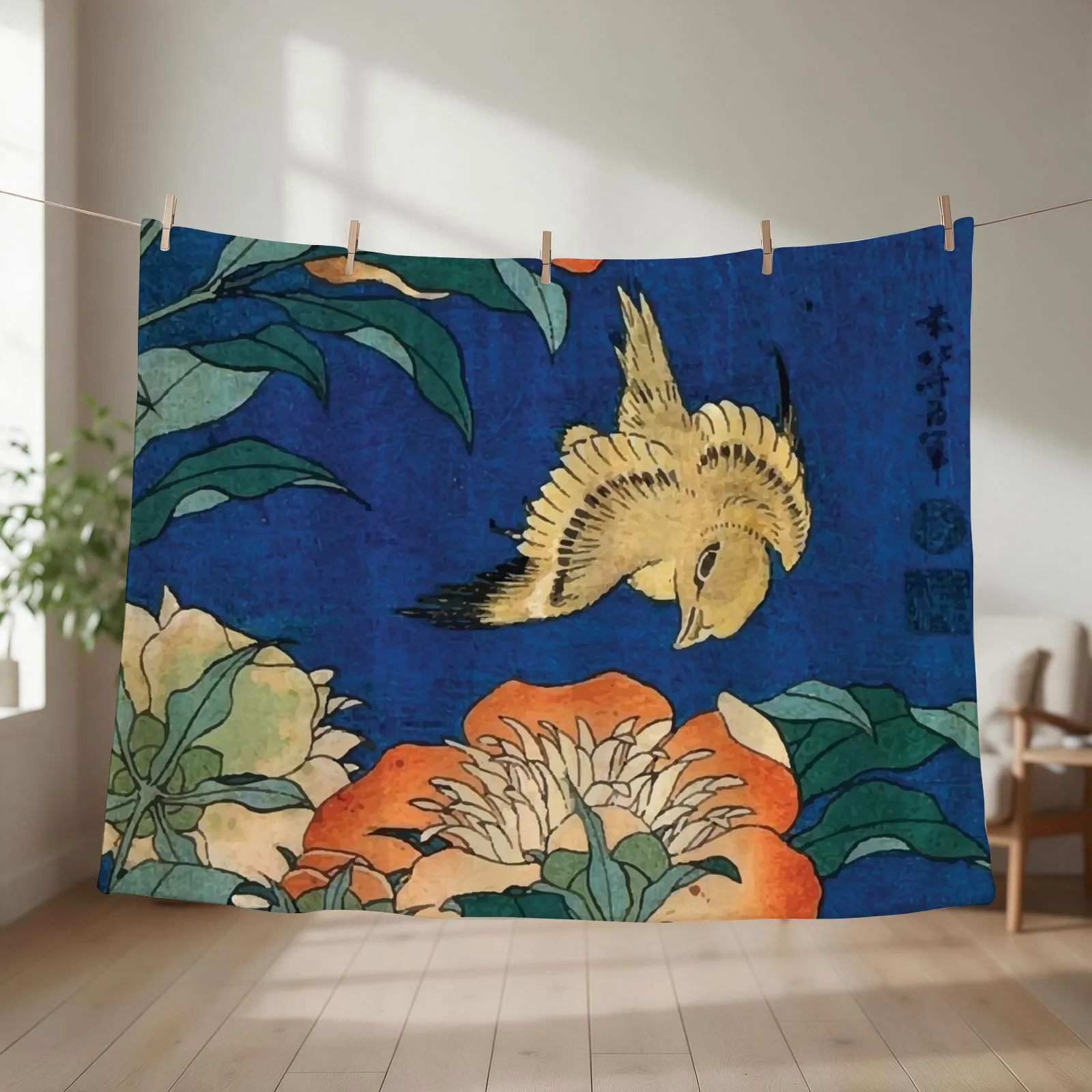 Katsushika Hokusai | Canary and Peony Throw Blanket bed plaid Luxury sofa bed Beautifuls Blankets