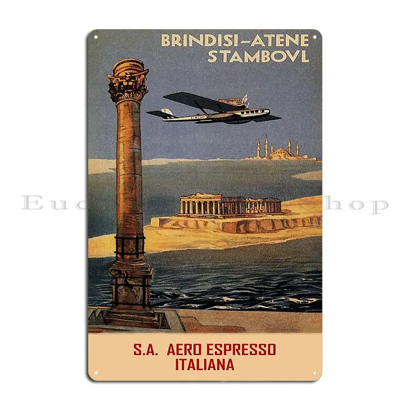 Italian Vintage Plane Travel Ad Brindisi Athens Constantinople Metal Plaque Wall Decor Create Iron Home Tin Sign Poster