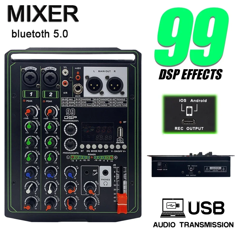 

Звуковой микшер 99 DSP, 4-канальный портативный DJ-микшерный пульт, USB-интерфейс, компьютерная запись, 48 В, монитор с фантомным питанием