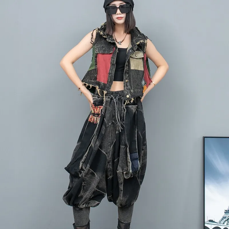 2024 Summer New Personality Matching Set Color Matching Lapel Denim Vest + Lantern Pants Two-piece Set Women LX729