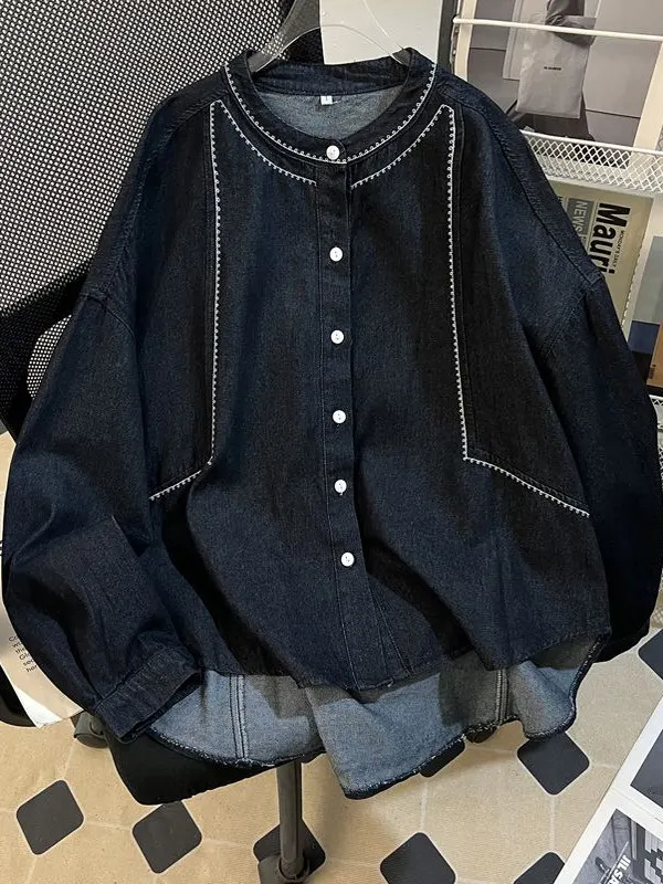 

plus Size Casual Loose Fit Ultra-Thin Denim irt Women's Embroidered Jaet Outerwear Comfortable Breathable Lightweight