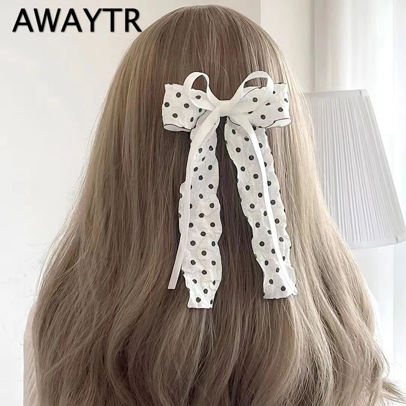 AWAYTR France Polka Dots Ribbon Hairpins Lace Bows Hair Clip for Women Ponytail Girls Wedding Barrette Hair Accessories